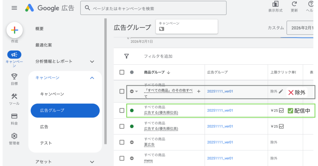 Google広告で商品グループの配信中(緑)と除外(×)の表示差を確認できる一覧画面